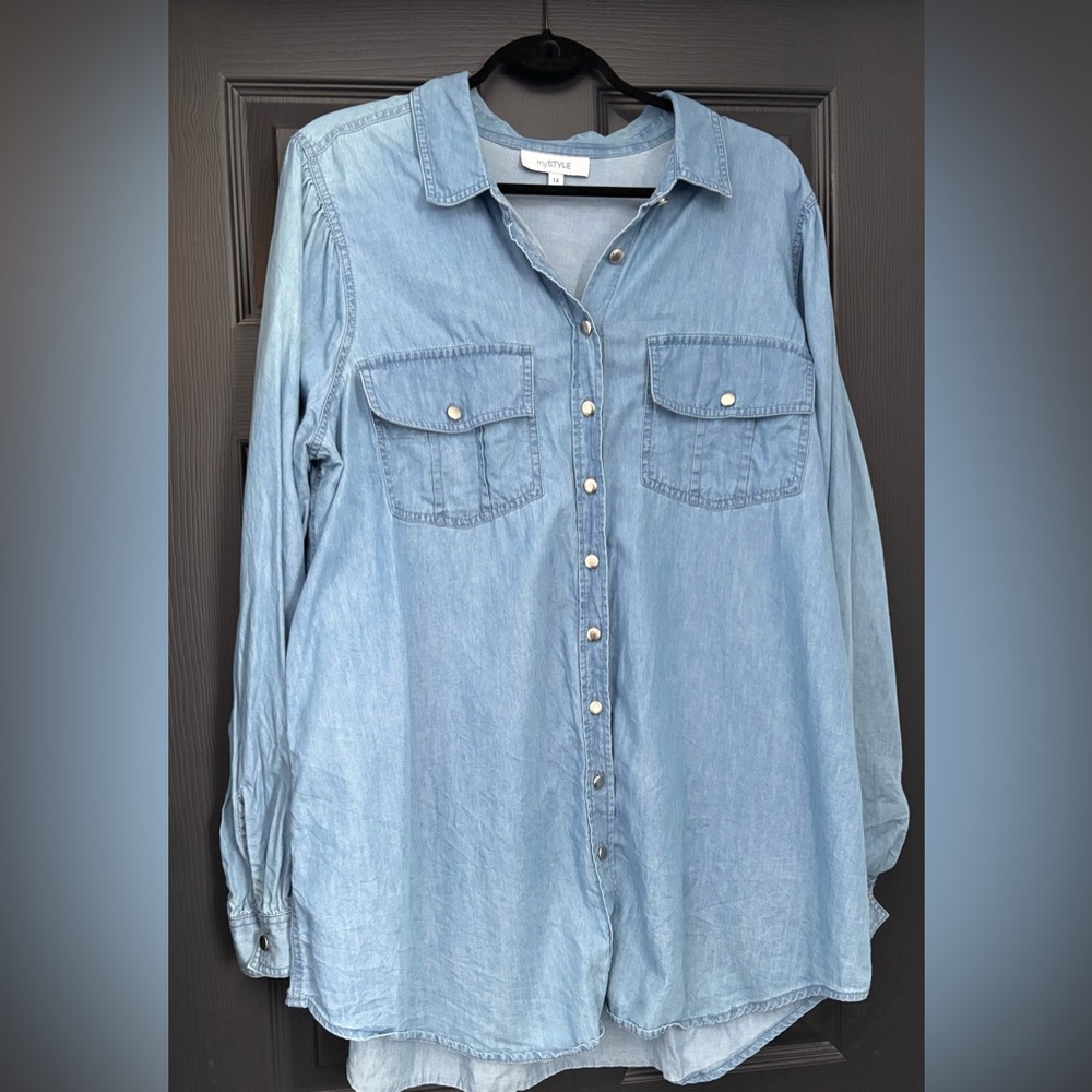 Denim Cotton Lyocell Metal Button Shirt Flowy Ruched Feminine Sleeve XL XXL 1X